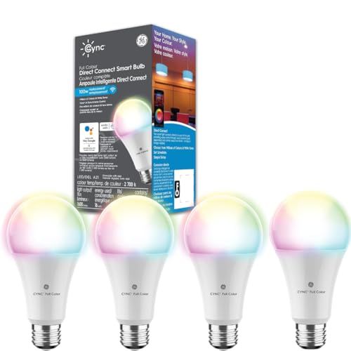 GE Cync Full Color Direct Connect Smart Bulb (LED A21 Bulb), 100W Replacement, Bluetooth/WiFi Enabled, Works with Alexa, Google Assistant Without Hub, Pack of 4 GE Cync Full Color Direct Connect Smart Bulb (LED A21 Bulb), 100W Replacement, Bluetooth/WiFi Enabled, Works with Alexa, Google Assistant Without Hub, Pack of 4