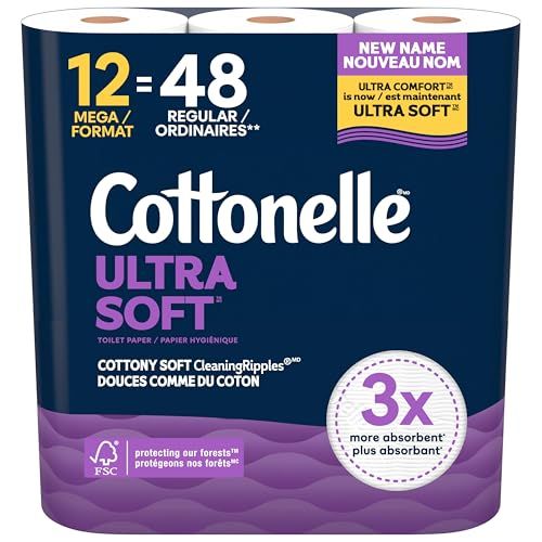Cottonelle Toilet Paper, 12 Mega Rolls = 48 Regular Rolls, Ultra Soft (Formerly Ultra Comfort), Soft Bathroom Tissue, 244 Sheets per Roll, Packaging May Vary Cottonelle Toilet Paper, 12 Mega Rolls = 48 Regular Rolls, Ultra Soft (Formerly Ultra Comfort), Soft Bathroom Tissue, 244 Sheets per Roll, Packaging May Vary