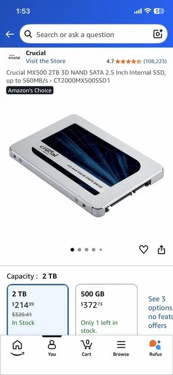 Amazon.ca: Crucial MX500 2TB sata SSD for $214.38 Amazon.ca: Crucial MX500 2TB sata SSD for $214.38