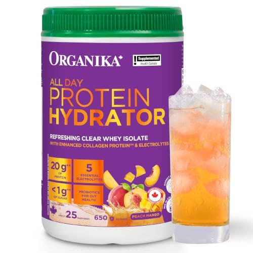 Organika Canadian-Made Protein Hydrator- Peach Mango Flavour- Clear Whey Protein Isolate with Collagen, Electrolytes, and Probiotics. Easy to Digest, 20g Protein Per Serving- 650g Organika Canadian-Made Protein Hydrator- Peach Mango Flavour- Clear Whey Protein Isolate with Collagen, Electrolytes, and Probiotics. Easy to Digest, 20g Protein Per Serving- 650g
