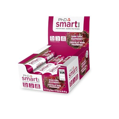 PhD Nutrition Smart Plant Bar Low Calorie, Low Sugar Bar/Protein Snacks, 20g of Plant Protein, 64g Bar (12 Pack) (12, Dark Choc Raspberry) PhD Nutrition Smart Plant Bar Low Calorie, Low Sugar Bar/Protein Snacks, 20g of Plant Protein, 64g Bar (12 Pack) (12, Dark Choc Raspberry)