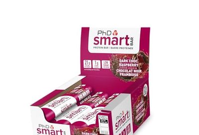 PhD Nutrition Smart Plant Bar Low Calorie, Low Sugar Bar/Protein Snacks, 20g of Plant Protein, 64g Bar (12 Pack) (12, Dark Choc Raspberry)