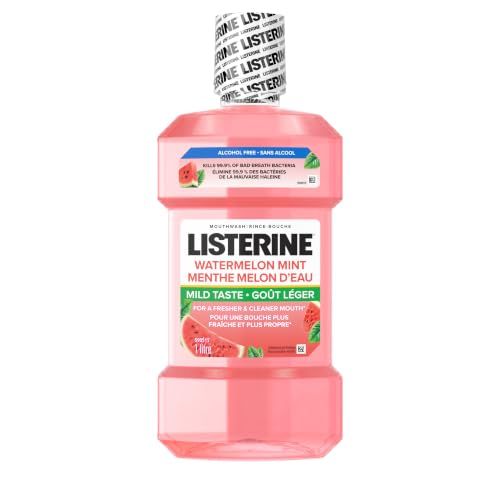 Listerine Alcohol Free Mouthwash, Mild Taste, Kills up to 99.9% of Bad Breath Bacteria for a Fresh, Clean Mouth, Watermelon Mint Flavor, 1L Listerine Alcohol Free Mouthwash, Mild Taste, Kills up to 99.9% of Bad Breath Bacteria for a Fresh, Clean Mouth, Watermelon Mint Flavor, 1L