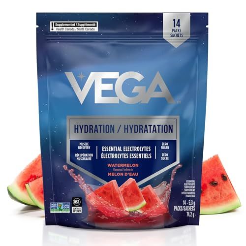 Vega Hydration Powder – Watermelon Electrolyte Powder – Zero Sugar Hydration, Muscle Recovery & Energy Support with Magnesium + B Vitamins, NSF Certified, 14 Sachets Vega Hydration Powder – Watermelon Electrolyte Powder – Zero Sugar Hydration, Muscle Recovery & Energy Support with Magnesium + B Vitamins, NSF Certified, 14 Sachets