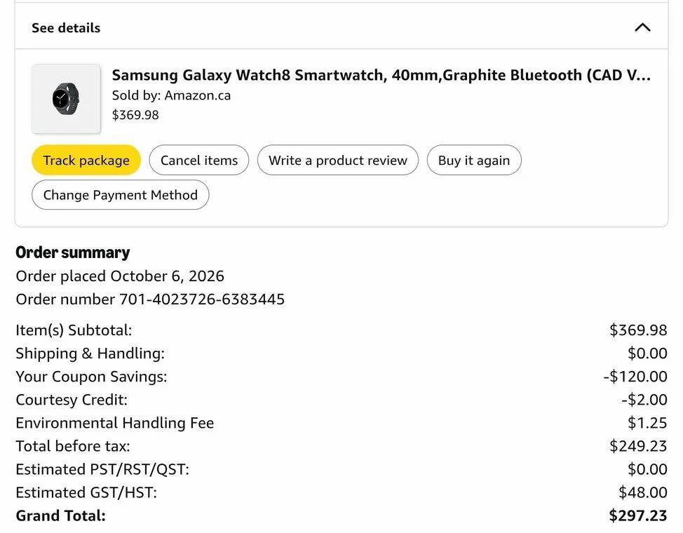 Amazon.ca: Samsung Galaxy Watch8 Smartwatch, 40mm (250+ tax at checkout) Amazon.ca: Samsung Galaxy Watch8 Smartwatch, 40mm (250+ tax at checkout)