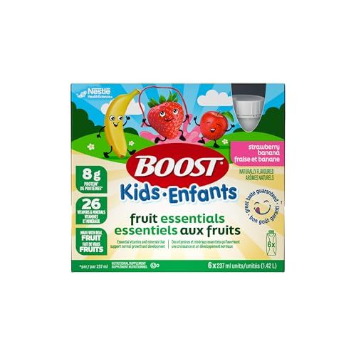 BOOST Kids Fruit Essentials Strawberry Banana, Nutritional Supplement For Children 4–12, Real Fruit Purées, 8g Protein, 26 Vitamins & Minerals, Immune Support, Gluten-free, Kosher, 6 Boxes, 1.4 L