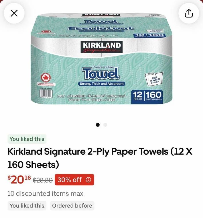Uber Eats: Costco Kirkland Paper Towel 30% off, stack with Uber GC = 40% off in store price Uber Eats: Costco Kirkland Paper Towel 30% off, stack with Uber GC = 40% off in store price