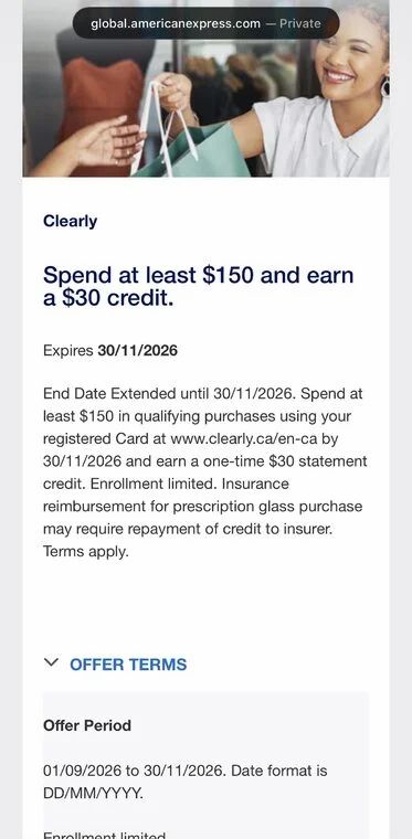 Clearly- 30% off + $30 Amex credit on $150 purchase Clearly- 30% off + $30 Amex credit on $150 purchase