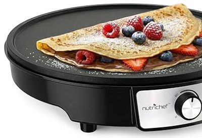 Electric Griddle Crepe Maker Cooktop - Nonstick 12 Inch Aluminum Hot Plate with LED Indicator Lights & Adjustable Temperature Control - Wooden Spatula & Batter Spreader Included