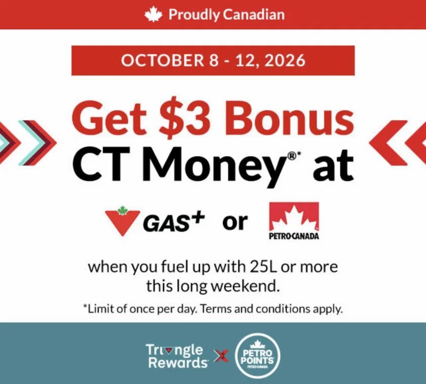 Get $3 Canadian Tire Money when you fill 25 L - Oct 8 - 12 (Limit 1 per Day) - YMMV Get $3 Canadian Tire Money when you fill 25 L - Oct 8 - 12 (Limit 1 per Day) - YMMV