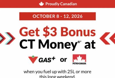 Get $3 Canadian Tire Money when you fill 25 L - Oct 8 - 12 (Limit 1 per Day) - YMMV