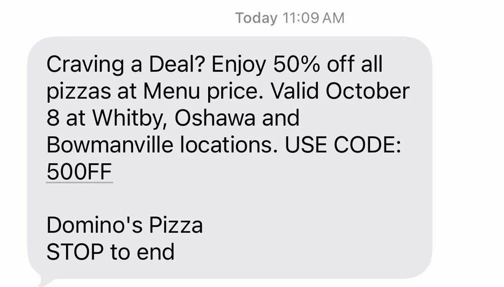 Domino's Pizza: Domino pizza 50% off for Whitby Oshawa and bowmanville locations in Ontario Domino's Pizza: Domino pizza 50% off for Whitby Oshawa and bowmanville locations in Ontario