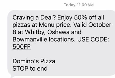 Domino's Pizza: Domino pizza 50% off for Whitby Oshawa and bowmanville locations in Ontario
