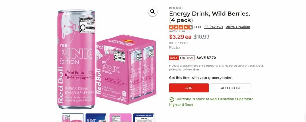 Real Canadian Superstore: Red Bull Energy Drink, Wild Berries, 4 pack $3.29 (reg. $10.99) YMMV Real Canadian Superstore: Red Bull Energy Drink, Wild Berries, 4 pack $3.29 (reg. $10.99) YMMV