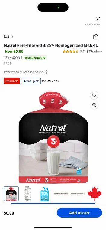 Walmart: Natrel Fine-Filtered 3.25% Homogenized Milk 4 L Walmart: Natrel Fine-Filtered 3.25% Homogenized Milk 4 L