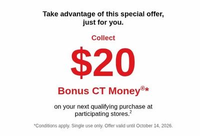 Canadian Tire: YYMV Bonus $20 CT money when you shop at CT chain