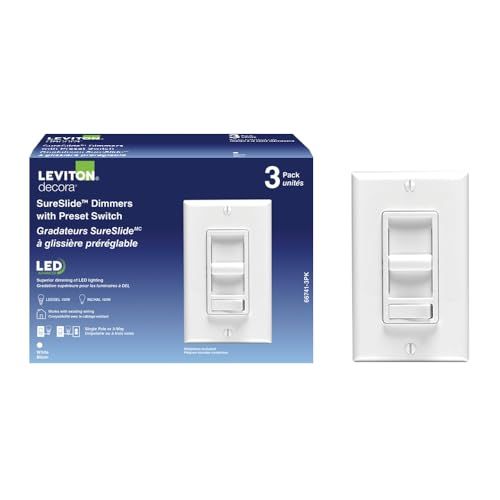 Leviton 3-Pack SureSlide Dimmer Switch for Dimmable LED, Halogen and Incandescent Lighting, 66741-3PK, Wallplates Included, White