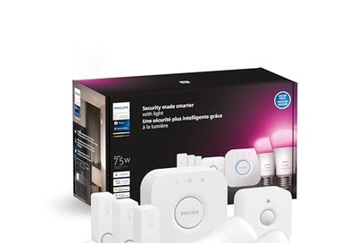 Philips Hue Secure Starter Kit - Includes 3 Contact Sensors (White), 1 Indoor Motion Sensor, 1 Bridge, 2 White & Color Ambiance Smart Bulbs - Easy to Install, Works with Hue App