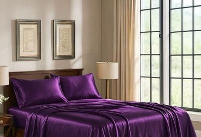 Pure Bedding Satin Sheets Queen [4-Piece, Purple] Hotel Luxury Silky Bed Sheets - Extra Soft 1800 Microfiber Sheet Set, Wrinkle, Fade, Deep Pocket Fitted Sheet, Flat Sheet, Pillow Cases