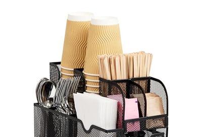 Mind Reader Cup and Condiment Station, Countertop Organizer, Coffee Bar, Kitchen, Metal Mesh, 5.75" L x 11" W x 11.5" H, Black