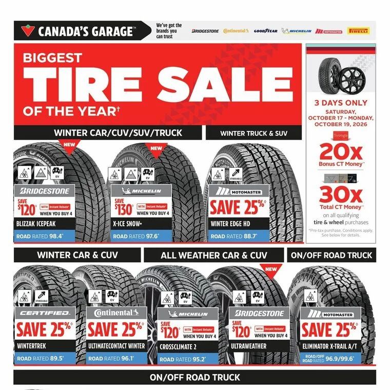 Canadian Tire: Up to 30x CT Money on Tires & Wheels at Canadian Tire Oct.17-19 Canadian Tire: Up to 30x CT Money on Tires & Wheels at Canadian Tire Oct.17-19