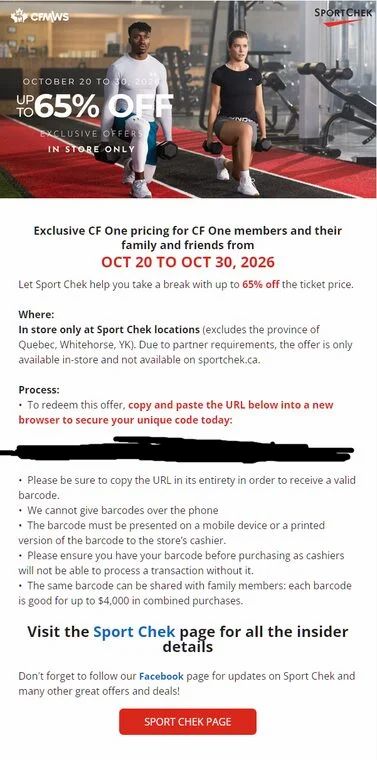 Sport Chek: CFOne Appreciation for Sport Chek 20 - 30 Oct, excludes QC, YK Sport Chek: CFOne Appreciation for Sport Chek 20 - 30 Oct, excludes QC, YK