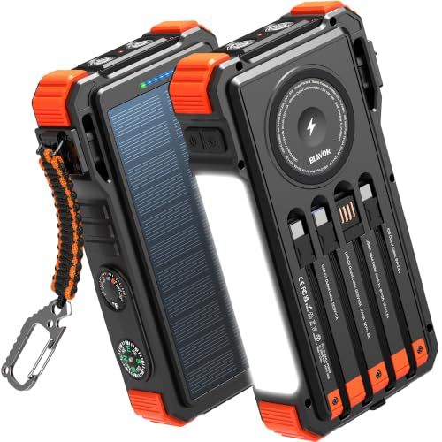 BLAVOR Solar Power Bank Built-in Cables, Wireless Charger for Phones & Apple Watch, 20000mAh 20W Fast Charging Battery Pack with USB C, Flashlight, Solar Charger for iPhone, iPad, iWatch, Samsung