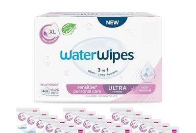 WaterWipes Sensitive Personal Care Ultra, Incontinence Wipes, Odor Removal, Heavy Duty XL Textured Wipes, Fragrance Free, 468 Count (18 Packs)