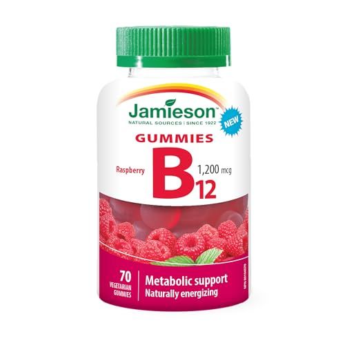 Jamieson Vitamin B12 1,200 mcg Gummies Natural Raspberry Flavour, Naturally Energizing, and Supports Metabolism. Vegetarian, Non-GMO, Gluten-Free, No Artificial Flavours, Colours, or Preservatives, 70 Count, Proudly Canadian Jamieson Vitamin B12 1,200 mcg Gummies Natural Raspberry Flavour, Naturally Energizing, and Supports Metabolism. Vegetarian, Non-GMO, Gluten-Free, No Artificial Flavours, Colours, or Preservatives, 70 Count, Proudly Canadian
