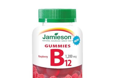 Jamieson Vitamin B12 1,200 mcg Gummies Natural Raspberry Flavour, Naturally Energizing, and Supports Metabolism. Vegetarian, Non-GMO, Gluten-Free, No Artificial Flavours, Colours, or Preservatives, 70 Count, Proudly Canadian