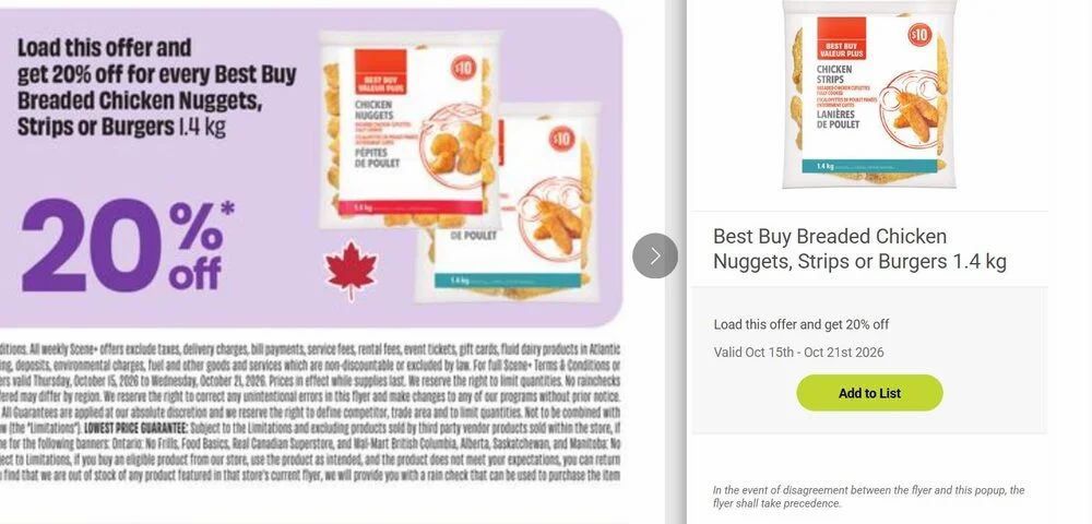 Fresh Co: Best Buy Breaded Chicken Nuggets, Strips or Burgers 1.4 kg $8.00. Requires loading Scene+ offers & Scene+ card Fresh Co: Best Buy Breaded Chicken Nuggets, Strips or Burgers 1.4 kg $8.00. Requires loading Scene+ offers & Scene+ card