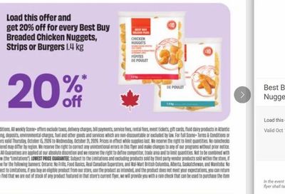 Fresh Co: Best Buy Breaded Chicken Nuggets, Strips or Burgers 1.4 kg $8.00. Requires loading Scene+ offers & Scene+ card