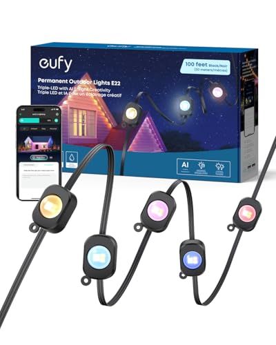 Anker eufy Permanent Outdoor Lights E22, 100 ft with 60 Triple-LED Lights | Smart RGBWW for Christmas, Daily and Holiday, Up to IP67 Rated, AI Light Themes for Christmas Decorations, Work with eufyCams