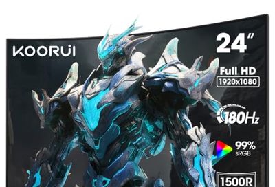 KOORUI 24 Inch Curved Gaming Monitor, 180Hz 1080P 1500R, Adaptive Sync, HDR | 99% sRGB Vivid Colors, 3000:1 Contrast, HDMI 2.0 x2, DP 1.2, Flicker-Free, Low Blue Light, Ideal for FPS and Racing Games