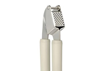 Amazon Basics Garlic Press, Stainless Steel, Soft Grip Handle, Dishwasher-Safe, Linen Gray