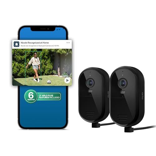 Arlo Essential Wired 2K Security Camera, Plug-in Powered, Person Recognition, Package Detection, Animated Preview, 6 Months of Secure Plus Plan, Dual-Band WiFi, Rechargeable Camera, 2 Cam, Black Arlo Essential Wired 2K Security Camera, Plug-in Powered, Person Recognition, Package Detection, Animated Preview, 6 Months of Secure Plus Plan, Dual-Band WiFi, Rechargeable Camera, 2 Cam, Black