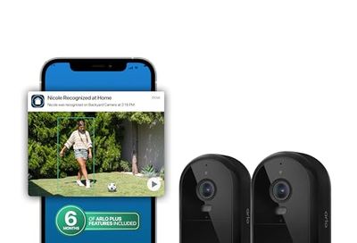 Arlo Essential Wired 2K Security Camera, Plug-in Powered, Person Recognition, Package Detection, Animated Preview, 6 Months of Secure Plus Plan, Dual-Band WiFi, Rechargeable Camera, 2 Cam, Black