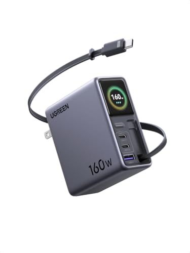 UGREEN Nexode Pro 160W GaN Charger with Retractable Cable, Smart Display | App Control, 4-Port 3C1A Fast Charging, Foldable Plug Charger Block Compatible with Laptop MacBook, iPhone 18 Pro, Galaxy S26