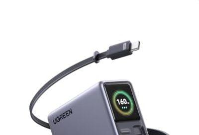 UGREEN Nexode Pro 160W GaN Charger with Retractable Cable, Smart Display | App Control, 4-Port 3C1A Fast Charging, Foldable Plug Charger Block Compatible with Laptop MacBook, iPhone 18 Pro, Galaxy S26