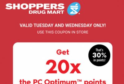 Shoppers Drug Mart Canada Text Offers: 20x The PC Optimum Points When You Spend $75 October 20th & 21st