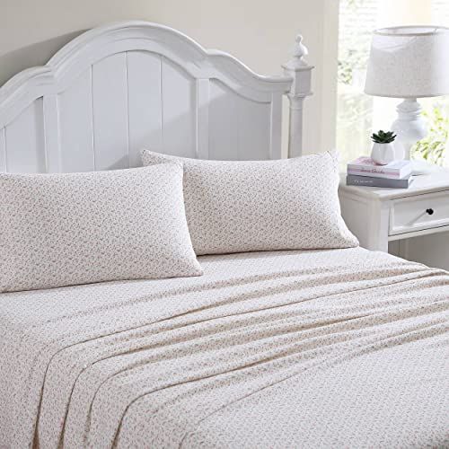 Laura Ashley Home - Queen Sheets, Cotton Flannel Bedding Set, Brushed for Extra Softness & Comfort (Evie Pink, Queen), Evie Pink/Green/White