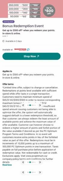 Shoppers Drug Mart: PC Optimum Bonus Redemption Event