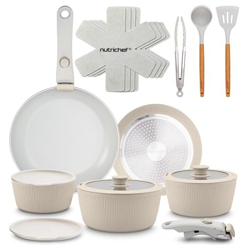 NutriChef 18-Piece Ceramic Cookware Set with Detachable Handles, Non Stick Pots and Pans, Induction Compatible, PTFE-Free Space-Saving Design, Oven & Stove Safe, Includes Utensils, Cream NutriChef 18-Piece Ceramic Cookware Set with Detachable Handles, Non Stick Pots and Pans, Induction Compatible, PTFE-Free Space-Saving Design, Oven & Stove Safe, Includes Utensils, Cream