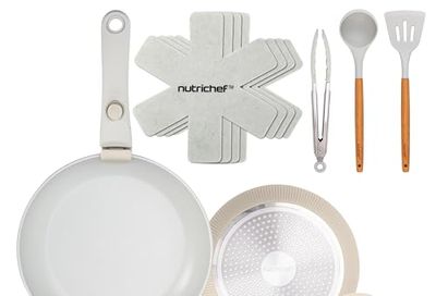 NutriChef 18-Piece Ceramic Cookware Set with Detachable Handles, Non Stick Pots and Pans, Induction Compatible, PTFE-Free Space-Saving Design, Oven & Stove Safe, Includes Utensils, Cream