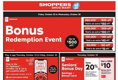 Shoppers Drug Mart Canada: October 23rd – 28th: Bonus Redemption Event up to $500 Off + 2 Day Sale + More