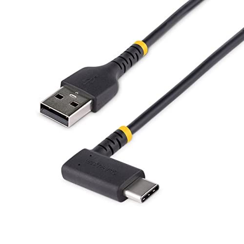 StarTech.com 6in (15cm) USB A to C Charging Cable Right Angle - Heavy Duty Fast Charge USB-C 2.0 Type-C Rugged Aramid Fiber 3A Short Cord (R2ACR-15C-USB-CABLE), Black