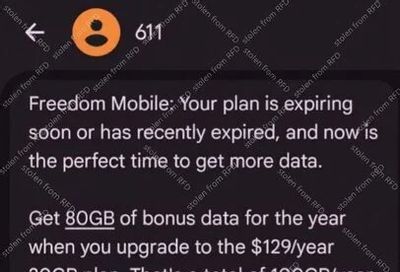 Freedom Mobile: Offer sent via 611 text: 100 (20 + 80 bonus) GB Nationwide Talk+Text Annual Plan @ $129