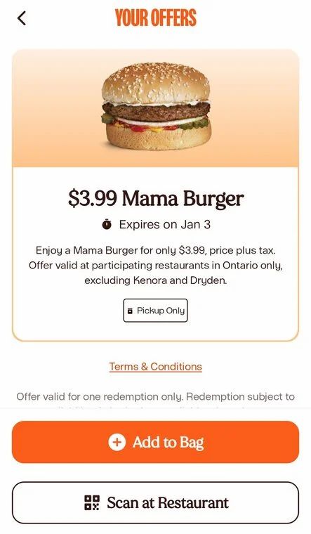 A&W - Mama Burger for $3.99 (at least Ontario - YMMV, in-app offer, expires Jan 3) A&W - Mama Burger for $3.99 (at least Ontario - YMMV, in-app offer, expires Jan 3)