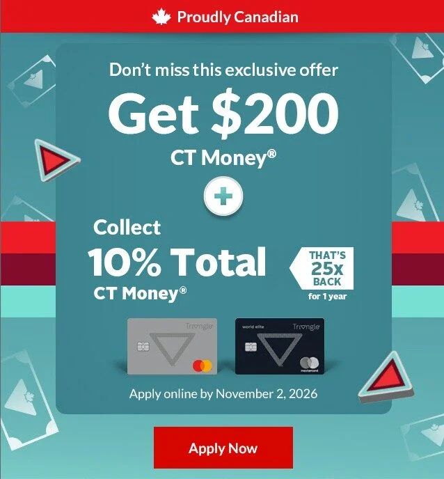 Canadian Tire Bank: Canadian Tire Triangle Mastercard offer (+$200 CT money with bonus 10% CT money for 1 year) Canadian Tire Bank: Canadian Tire Triangle Mastercard offer (+$200 CT money with bonus 10% CT money for 1 year)