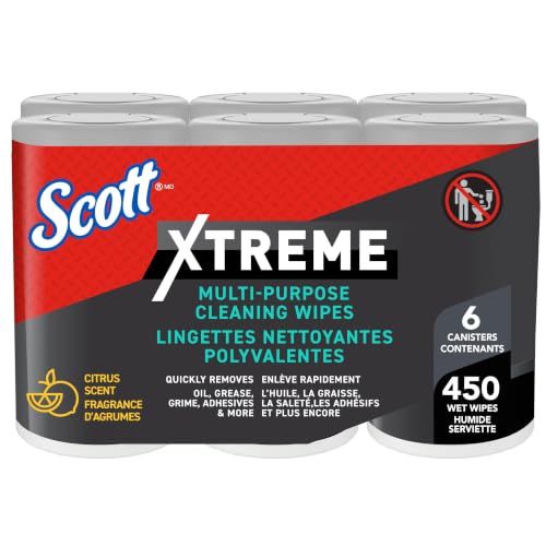 Scott Xtreme Cleaning Wipes, Citrus Scent, 6 Canisters, 450 Sheets | Heavy Duty Textured, Dual-action, Multi-purpose, Removes Oil, Grime, 9x7 in, 75/canister Scott Xtreme Cleaning Wipes, Citrus Scent, 6 Canisters, 450 Sheets | Heavy Duty Textured, Dual-action, Multi-purpose, Removes Oil, Grime, 9x7 in, 75/canister